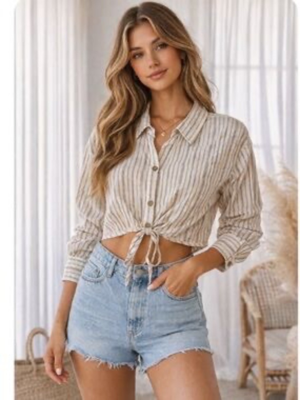 New Promesa Crop Top Long Sleeve Shirt Tie Front Boho Button Collar Medium